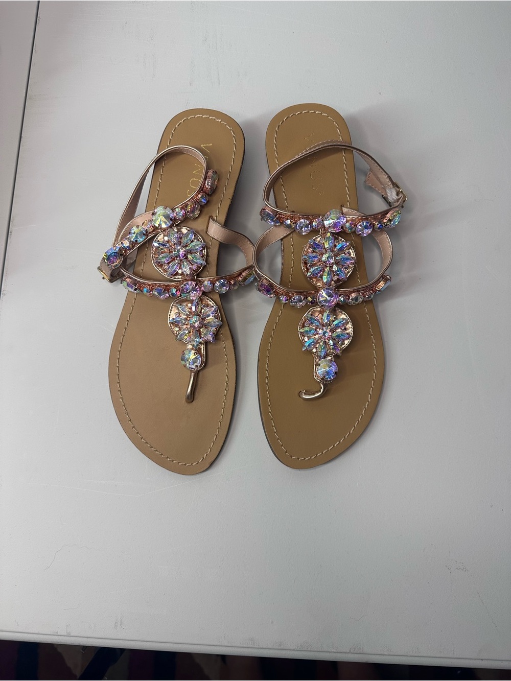 VENUS Rose Gold Jewel-Embellished T-Strap Sandals